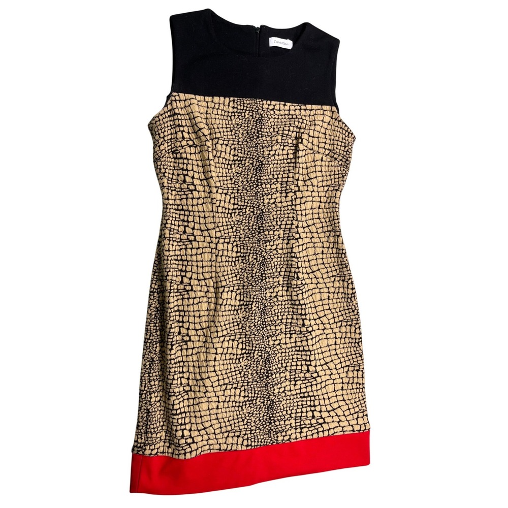 Calvin Klein Snake Print Sheath Dress Womens Size 6 Red Hem Colorblock